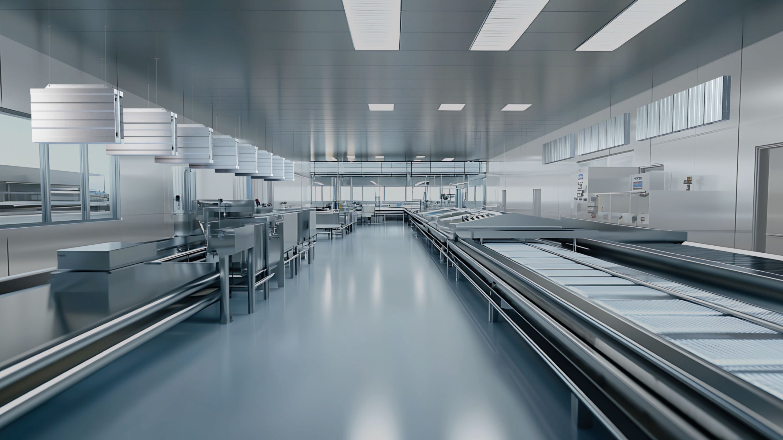 Produktionshalle in kühlem Licht mit aufgehängten ESSONIC Geräten an den Wänden un der Decke.