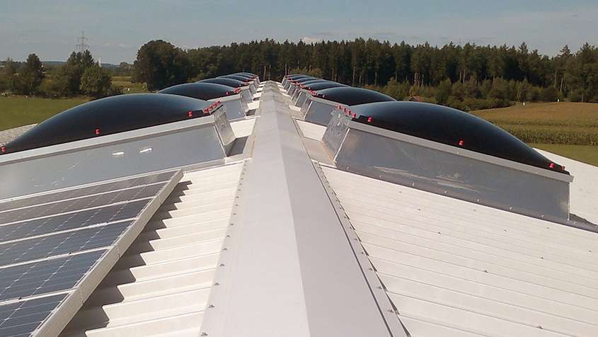 Dach eines Gebäudes mit Solarpaneel und Dachfenstern, sowie Wald im Hintergrund